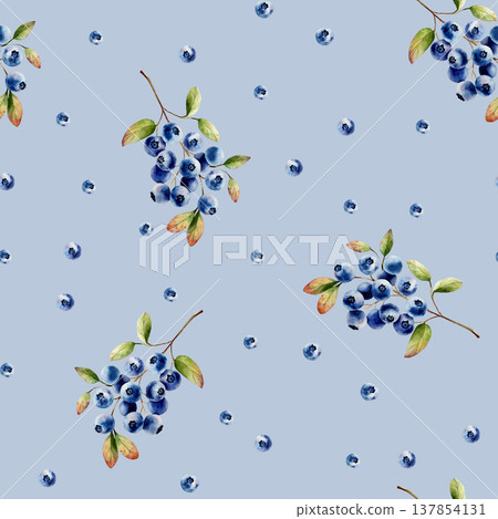 Watercolor seamless pattern with branch of juicy blueberries with green leaves. Botanical hand drawn isolated illustration ideal for seasonal, forest, or nature-themed designs. Rustic foliage perfect 137854131