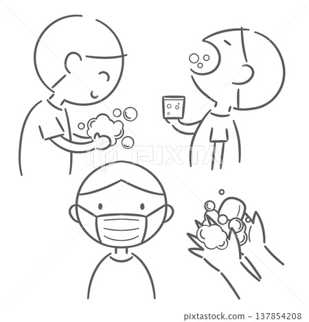 插圖描繪了一個男孩漱口、洗手並戴著口罩的場景。 插圖描繪了一個男孩漱口、洗手並戴著口罩的場景。 137854208
