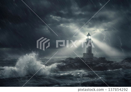燈塔的燈光照亮了洶湧的波濤。 燈塔的燈光照亮了洶湧的波濤。 137854292