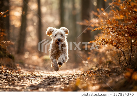 A Pumi dog runs joyfully through a sunlit autumn forest trail 137854370