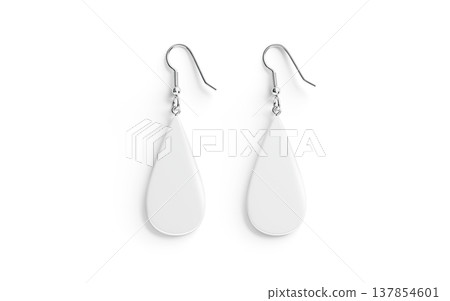 Blank white drop earring pair mockup lying png, transparent background, 3d rendering. Empty earrings hoops for female boho accessory mock up cut out. Clear stone elegance jewellery pendant template. 137854601