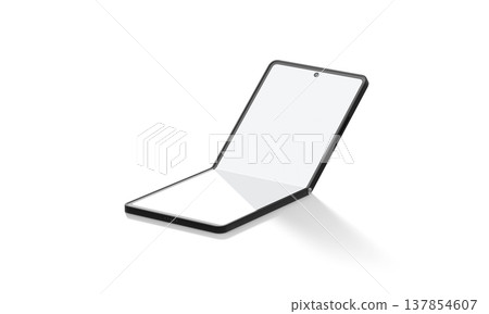 Blank flexible chamshell phone display half folded mockup png, transparent background, 3d rendering. Empty transform smartphone frame mock up cut out. Clear hi-tech innovation flex gadget template. Blank flexible chamshell phone display half folded mockup png, transparent background, 3d rendering. Empty transform smartphone frame mock up cut out. Clear hi-tech innovation flex gadget template. 137854607