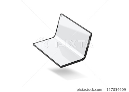 Blank white flexible book phone display half opened mockup png, transparent background, 3d rendering. Empty flip folded touchscreen mock up cut out. Clear flex innovation multi-display template. Blank white flexible book phone display half opened mockup png, transparent background, 3d rendering. Empty flip folded touchscreen mock up cut out. Clear flex innovation multi-display template. 137854609
