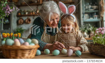 Grandmother and granddaughter decorating easter eggs together family spring holiday tradition at home 137854634