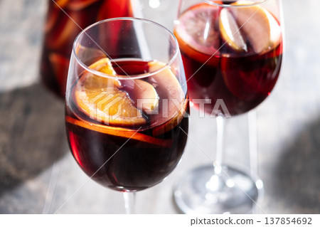 Sangria cocktail with fresh fruit Sangria cocktail with fresh fruit 137854692