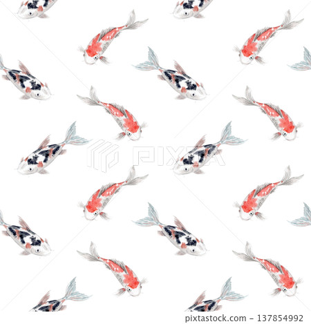Seamless koi fish pattern with Japanese carp in red, black and white colors. Watercolor illustration isolated on white, repeating background for textile, wallpaper, wrapping paper, packaging, design Seamless koi fish pattern with Japanese carp in red, black and white colors. Watercolor illustration isolated on white, repeating background for textile, wallpaper, wrapping paper, packaging, design 137854992