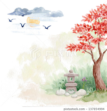 Japanese zen garden with red maple tree, stone lantern, watercolor illustration. Birds flying, sun, clouds, peaceful oriental landscape. Square composition with copy space for spa, meditation design Japanese zen garden with red maple tree, stone lantern, watercolor illustration. Birds flying, sun, clouds, peaceful oriental landscape. Square composition with copy space for spa, meditation design 137854994