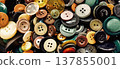 Banner close-up photo with a pile of colorful sewing buttons. Suitable for sewing, tailoring supplies, haberdashery, dressmaking and craft themes. 137855001