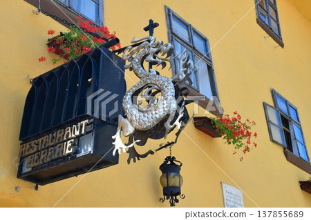 Romania, Transylvania, Sighisoara, Vlad Dracul's House, Dracula's Birthplace, Sign Romania, Transylvania, Sighisoara, Vlad Dracul's House, Dracula's Birthplace, Sign 137855689
