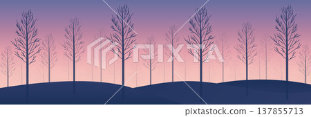 Twilight winter forest landscape with bare trees and purple sky vector illustration. Twilight winter forest landscape with bare trees and purple sky vector illustration. 137855713