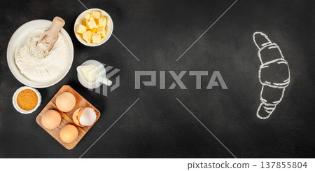 Baking Ingredients with Croissant Chalk Drawing on Black Background Baking Ingredients with Croissant Chalk Drawing on Black Background 137855804