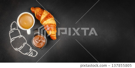 Croissants with Coffee, Chocolate Spread and Butter on Black Background Croissants with Coffee, Chocolate Spread and Butter on Black Background 137855805