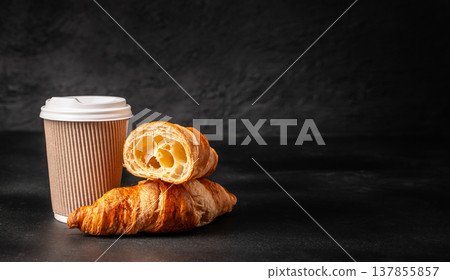 Croissants with Takeaway Coffee Cup on Black Background 137855857