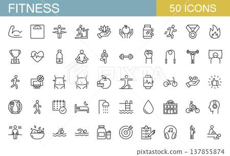 A set of LINE icons related to fitness, including weight training, dieting, and gyms. 137855874