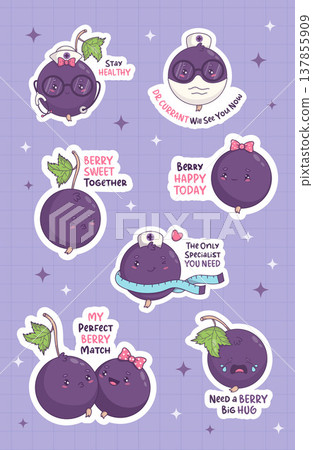 Cute Blackcurrant Stickers Set. Funny Kawaii Berry Characters with Emotions Pun Quotes. Isolated Cartoon Currant on checkered Purple. Vector illustration Cute Blackcurrant Stickers Set. Funny Kawaii Berry Characters with Emotions Pun Quotes. Isolated Cartoon Currant on checkered Purple. Vector illustration 137855909