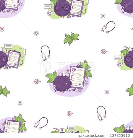 Cute Kawaii Nurse Blackcurrant Seamless Pattern. Berry Cartoon Mascot Medical Character with Stethoscope, Recipe and Vitamins on White Background with Currant Leaves. Vector Square illustration 137855910