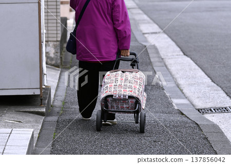 日本橫濱起伏不平的人行道上…一位推著購物車的老婦人艱難地行走著，購物車在不平坦的路面和斜坡上劇烈搖晃……人生究竟是什麼？ 137856042