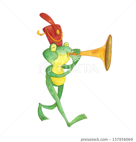 A frog playing a trumpet in a red ceremonial hat. Hand-drawn watercolor illustration, cartoon. Design for stickers, cards, and posters. Animals, amphibians, music, musical instrument 137856069
