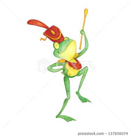 A frog conductor wearing a red ceremonial hat and ribbon. Hand-drawn watercolor illustration, cartoon. Design for stickers, cards, and posters. Animals, amphibians, music, musical instrument A frog conductor wearing a red ceremonial hat and ribbon. Hand-drawn watercolor illustration, cartoon. Design for stickers, cards, and posters. Animals, amphibians, music, musical instrument 137856074