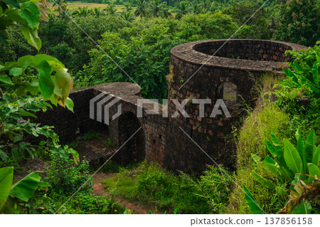 Yashwantgad Fort in Redi, Maharashtra, near the Maharashtra-Goa border. Green roots of trees grows on the old walls 137856158