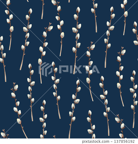 Spring willow branches seamless pattern. Watercolor easter hand drawn illustration isolated on background, transparent png. Botanical and wedding clip art. For greeting card, wallpaper, wrapping paper Spring willow branches seamless pattern. Watercolor easter hand drawn illustration isolated on background, transparent png. Botanical and wedding clip art. For greeting card, wallpaper, wrapping paper 137856192