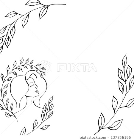 Vector Elegant female face with delicate brunch and leaves template. Hand painted linear contour frame, postcard, flower. Graphic clipart isolated. Botanical, tattoo and wedding illustration. For 137856196