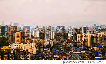 Panoramic cityline of Mumbai, India. Modern buildings in large buisness city Panoramic cityline of Mumbai, India. Modern buildings in large buisness city 137856258