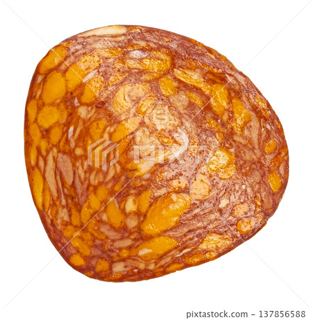 Falling chorizo sausage, hot salami slice isolated on white background with clipping path Falling chorizo sausage, hot salami slice isolated on white background with clipping path 137856588