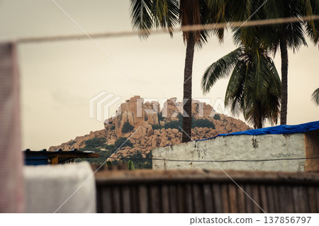 View of mountains and Tungabhadra river in Hampi, India 137856797