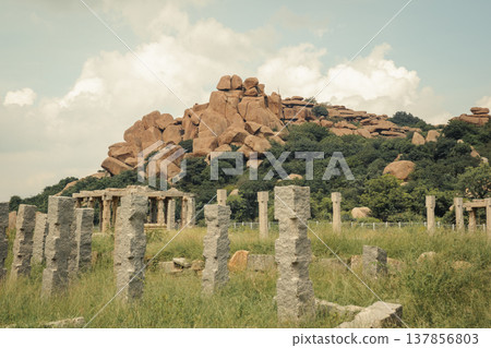 View of mountains and Tungabhadra river in Hampi, India View of mountains and Tungabhadra river in Hampi, India 137856803
