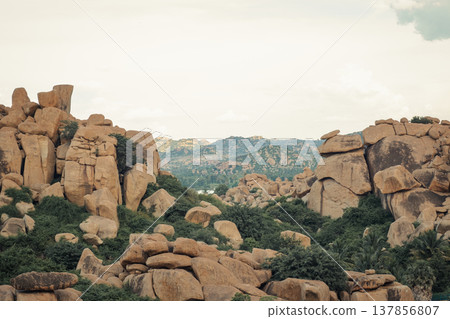 View of mountains and Tungabhadra river in Hampi, India View of mountains and Tungabhadra river in Hampi, India 137856807