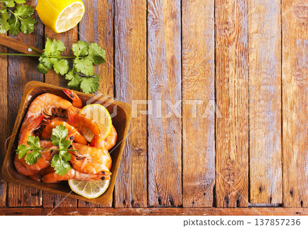 boiled shrimps with lemon boiled shrimps with lemon 137857236