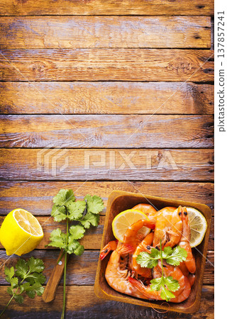 boiled shrimps with lemon boiled shrimps with lemon 137857241