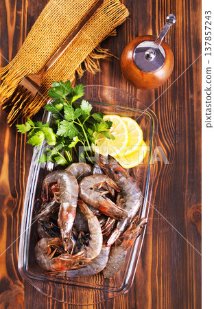 shrimps raw gambas seafood prawn healthy meal food snack on the table copy space food background rustic top view 137857243