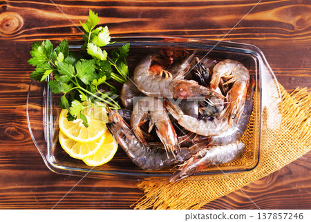 shrimps raw gambas seafood prawn healthy meal food snack on the table copy space food background rustic top view shrimps raw gambas seafood prawn healthy meal food snack on the table copy space food background rustic top view 137857246