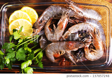 shrimps raw gambas seafood prawn healthy meal food snack on the table copy space food background rustic top view shrimps raw gambas seafood prawn healthy meal food snack on the table copy space food background rustic top view 137857248