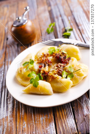 closeup of traditional ukrainian food - dumplings varenik 137857270