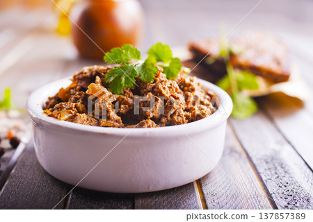 Pate meat chicken liver with mushrooms tasty fresh delicious gourmet food background on the table rustic food top view copy space 137857389