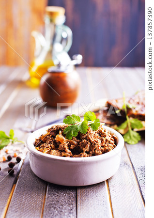 Pate meat chicken liver with mushrooms tasty fresh delicious gourmet food background on the table rustic food top view copy space 137857390