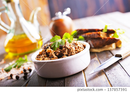 Pate meat chicken liver with mushrooms tasty fresh delicious gourmet food background on the table rustic food top view copy space Pate meat chicken liver with mushrooms tasty fresh delicious gourmet food background on the table rustic food top view copy space 137857391