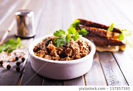 Pate meat chicken liver with mushrooms tasty fresh delicious gourmet food background on the table rustic food top view copy space 137857393