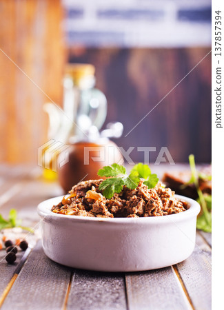 Pate meat chicken liver with mushrooms tasty fresh delicious gourmet food background on the table rustic food top view copy space 137857394