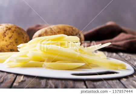 Closeup view of raw French fries. Closeup view of raw French fries. 137857444