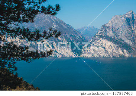 Beautiful view of lake Garda from the hills, Italy. Beautiful view of lake Garda from the hills, Italy. 137857463