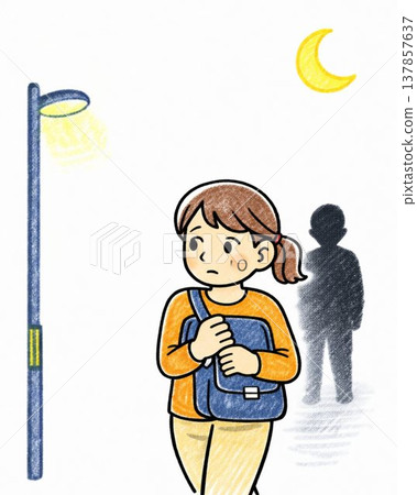 一位婦女走在昏暗的街道上,警戒著被搶劫;一幅防盜插圖,圖中她把包包舉在身前。 一位婦女走在昏暗的街道上,警戒著被搶劫;一幅防盜插圖,圖中她把包包舉在身前。 137857637