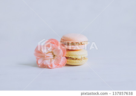 Tasty french macarons with flower on a white background. 137857638