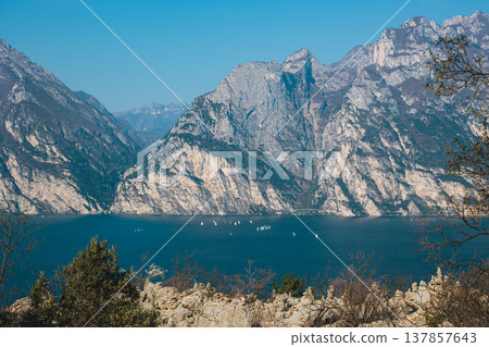 Beautiful view of lake Garda from the hills, Italy. Beautiful view of lake Garda from the hills, Italy. 137857643
