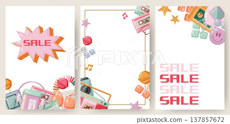 Set of vertical Sale flyer templates with 90s elements Set of vertical Sale flyer templates with 90s elements 137857672
