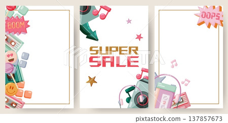Set of vertical Super Sale templates with retro items 137857673