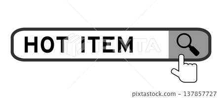 Search banner in word hot item with hand over magnifier icon on white background Search banner in word hot item with hand over magnifier icon on white background 137857727